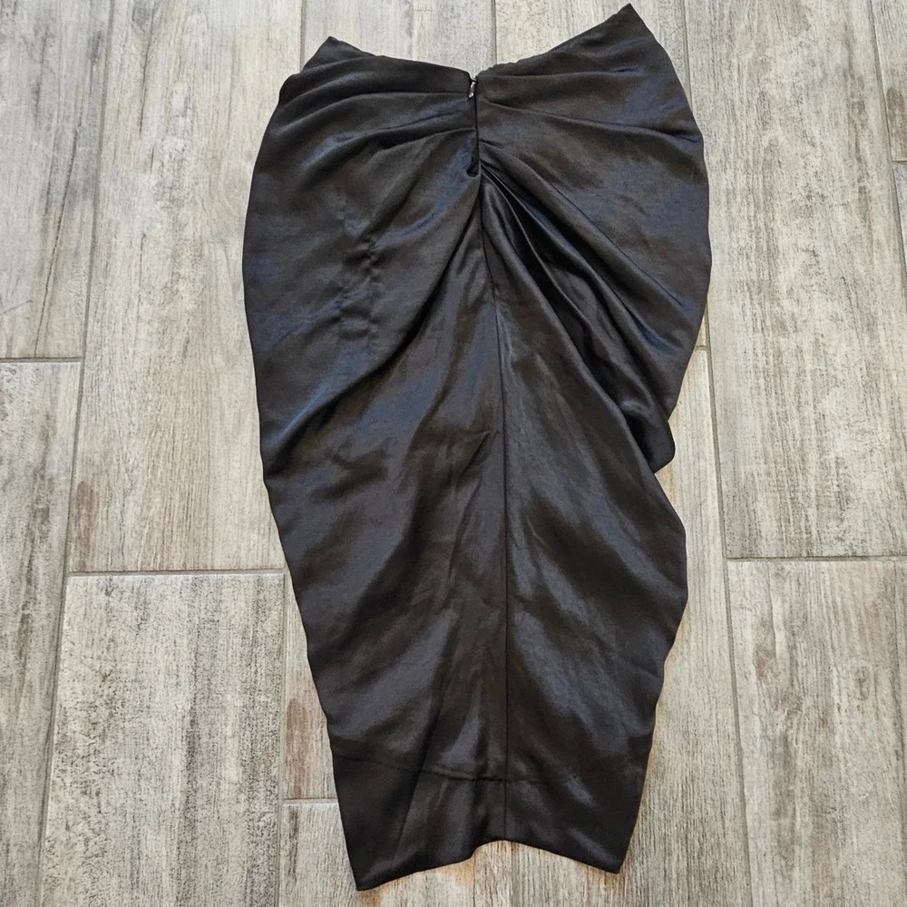 House of CB Miciela Skirt Size S Black Draped Satin Tulip Midi Pleated Wrap